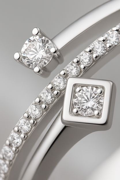 925 Silver Adjustable Dual Design Open Zircon Ring – Modern Minimalist Jewelry for Women