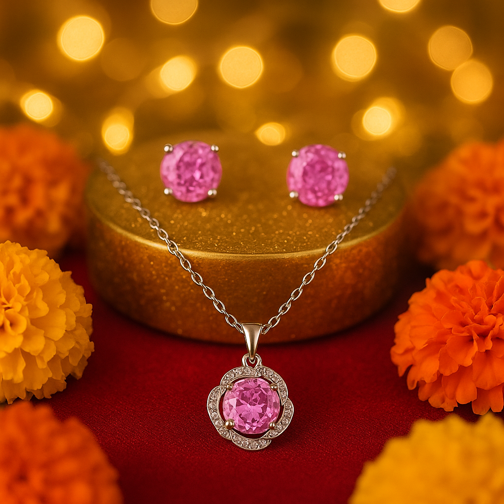 925 Silver Pink Stone Pendant Necklace & Earrings Set for Women – Sparkling CZ Floral Design