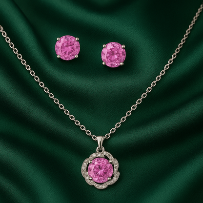 925 Silver Pink Stone Pendant Necklace & Earrings Set for Women – Sparkling CZ Floral Design