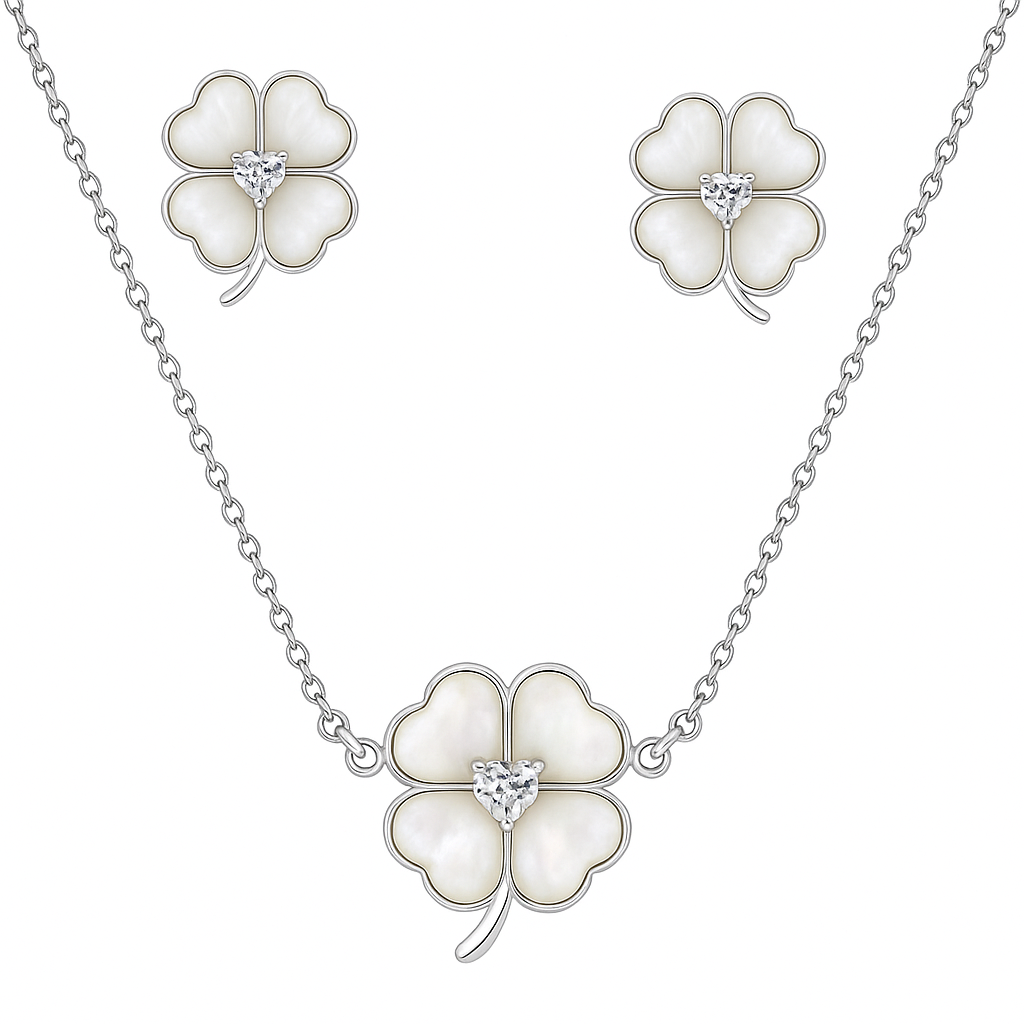 925 Silver Four-Leaf Clover Pendant Necklace & Earrings Set for Women – Mother of Pearl Lucky Charm Design