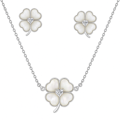 925 Silver Four-Leaf Clover Pendant Necklace & Earrings Set for Women – Mother of Pearl Lucky Charm Design