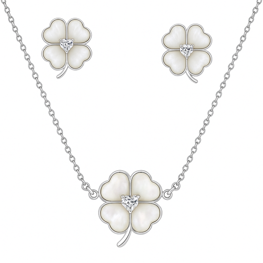 925 Silver Four-Leaf Clover Pendant Necklace & Earrings Set for Women – Mother of Pearl Lucky Charm Design