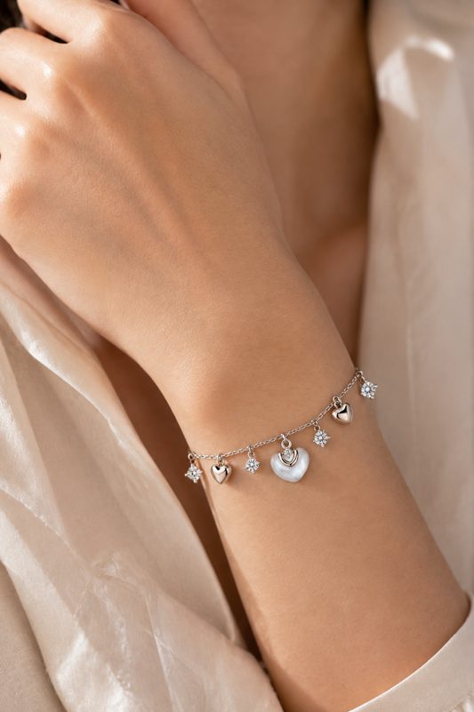 Pearl Heart Dangle Charm Bracelet