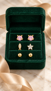 Pink Cat, CZ Star & Ball Stud Earrings Set - Aaryahi Silver jewellery product photo