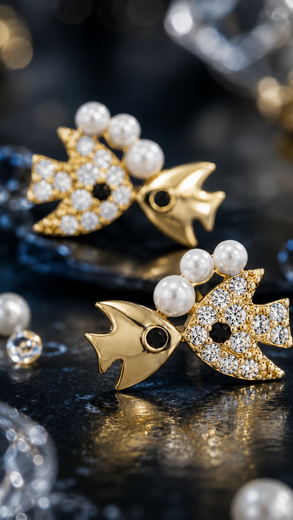 Elegant Gold-Plated Double Fish CZ & Pearl Stud Earrings for Women