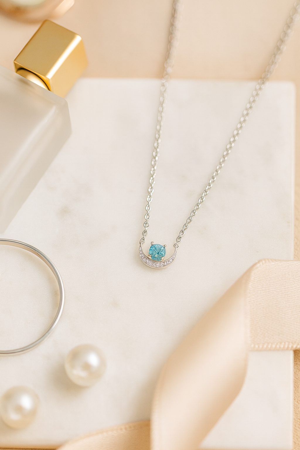 925 Silver Blue Solitaire Crescent Pendant Necklace for Women – Elegant Daily & Party Wear