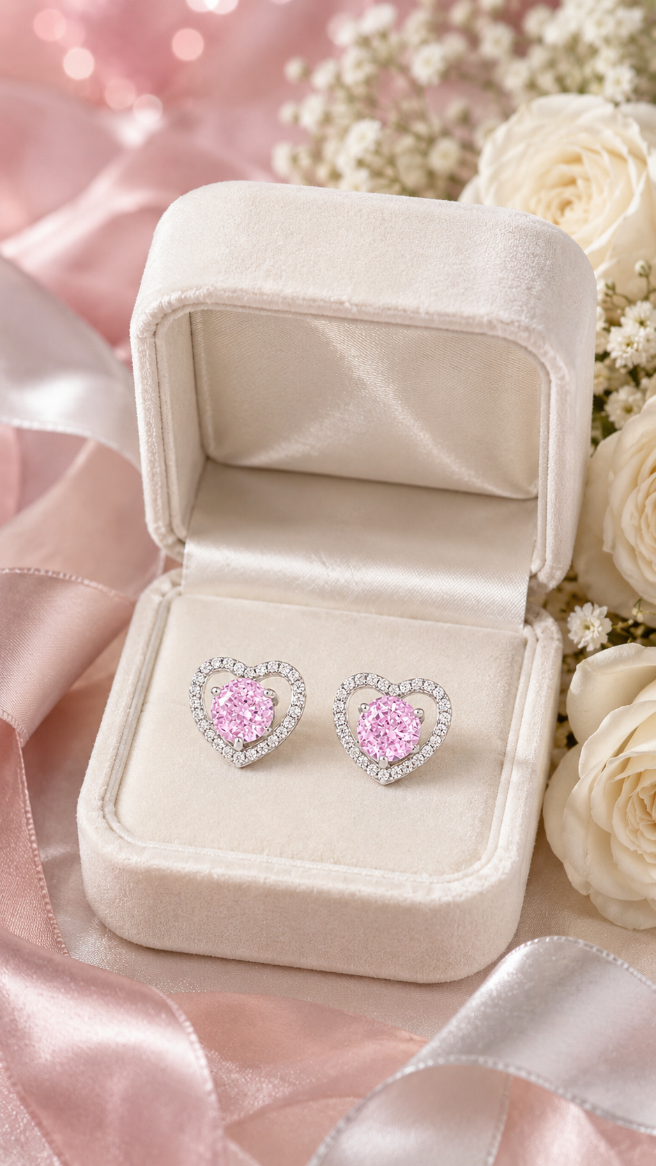 Elegant Silver Pink Heart Halo Stud Earrings