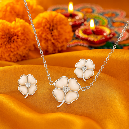 925 Silver Four-Leaf Clover Pendant Necklace & Earrings Set for Women – Mother of Pearl Lucky Charm Design