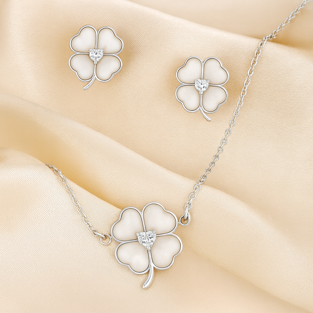925 Silver Four-Leaf Clover Pendant Necklace & Earrings Set for Women – Mother of Pearl Lucky Charm Design