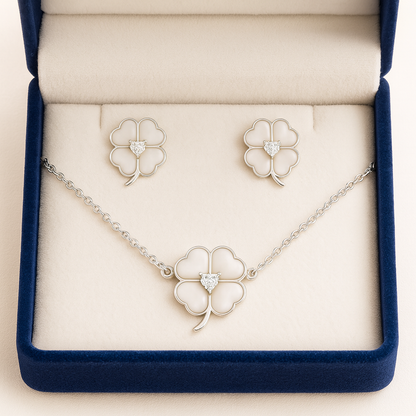 925 Silver Four-Leaf Clover Pendant Necklace & Earrings Set for Women – Mother of Pearl Lucky Charm Design