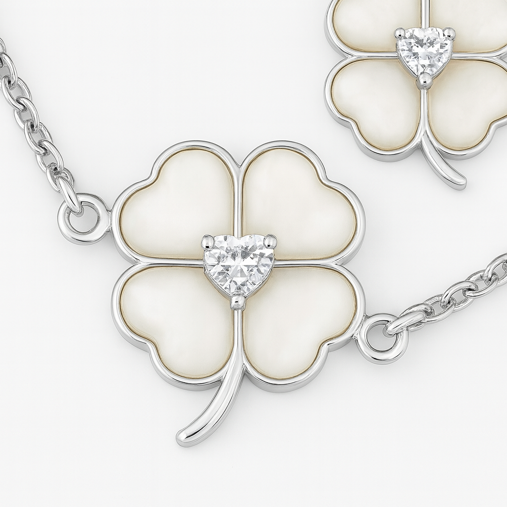 925 Silver Four-Leaf Clover Pendant Necklace & Earrings Set for Women – Mother of Pearl Lucky Charm Design