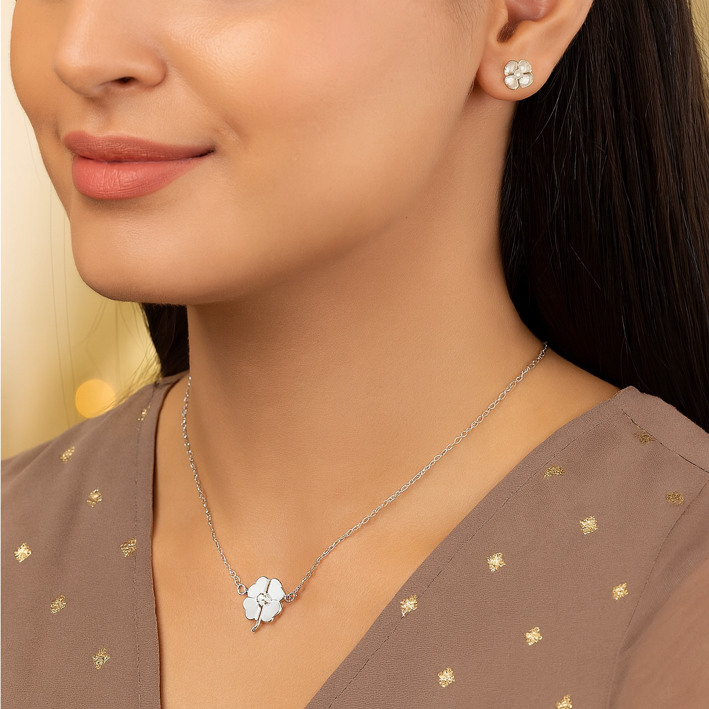 925 Silver Four-Leaf Clover Pendant Necklace & Earrings Set for Women – Mother of Pearl Lucky Charm Design