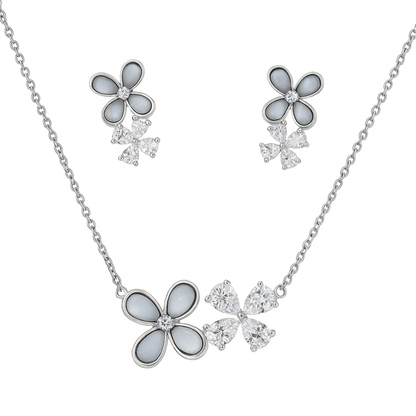 925 Silver Dual Flower Pendant Necklace & Earrings Set for Women – White Enamel & CZ Stone Design