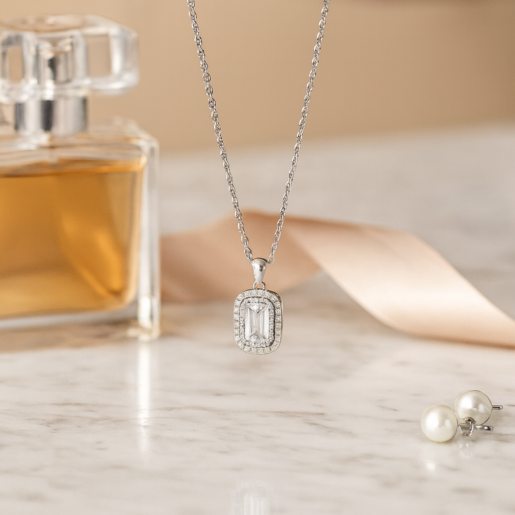 925 Silver Rectangular Halo Pendant Necklace for Women – Classic Sparkling CZ Stone