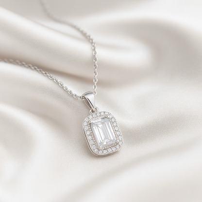 925 Silver Rectangular Halo Pendant Necklace for Women – Classic Sparkling CZ Stone