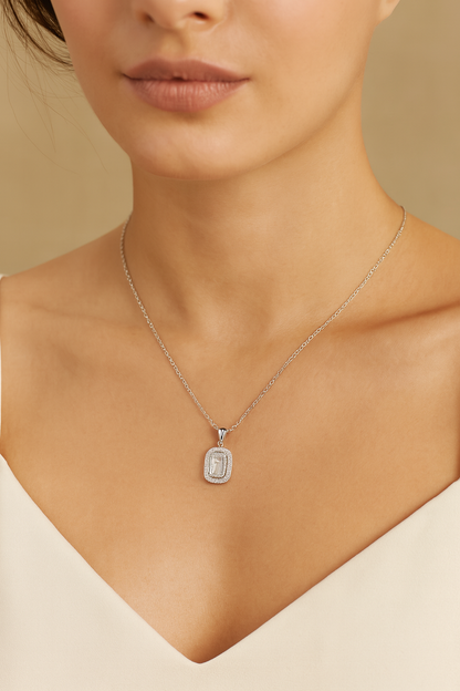 925 Silver Rectangular Halo Pendant Necklace for Women – Classic Sparkling CZ Stone