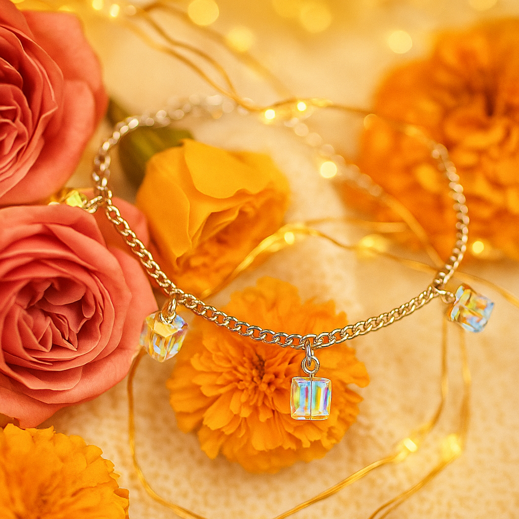 Sterling Silver Cube Crystal Charm Bracelet