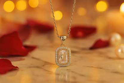925 Silver Rectangular Halo Pendant Necklace for Women – Classic Sparkling CZ Stone