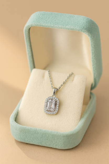 925 Silver Rectangular Halo Pendant Necklace for Women – Classic Sparkling CZ Stone