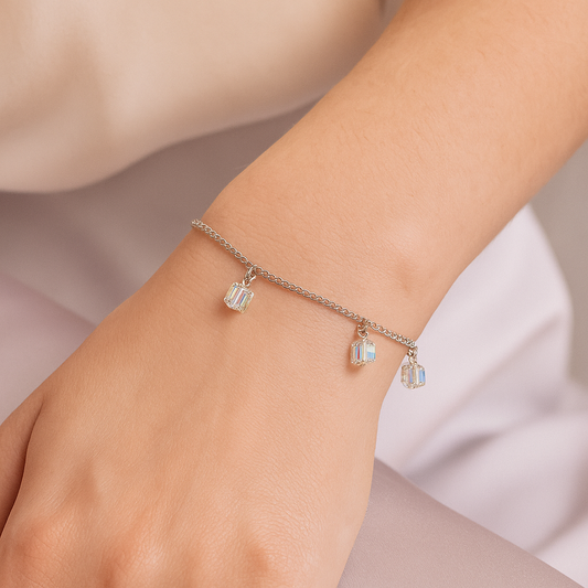 Sterling Silver Cube Crystal Charm Bracelet