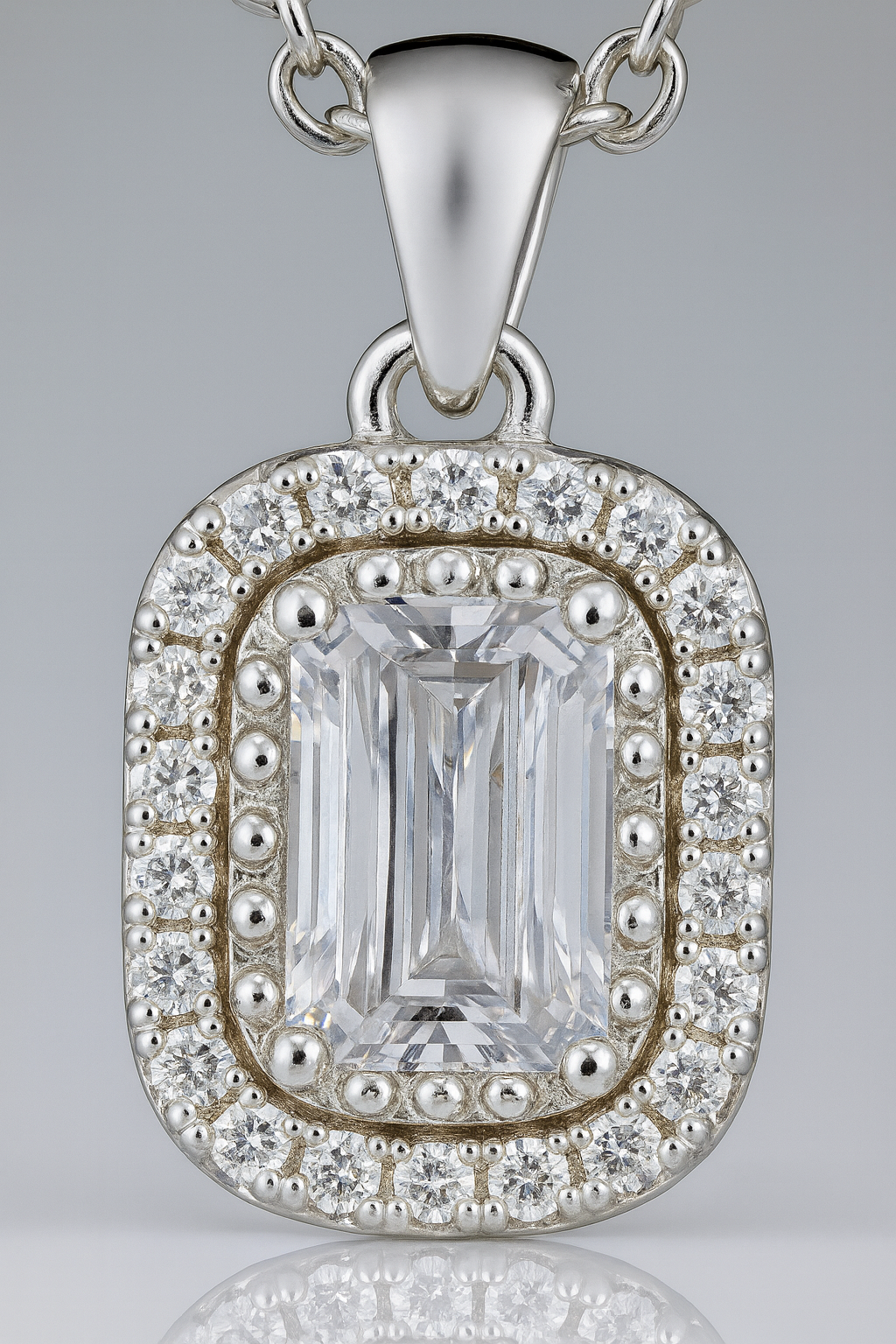 925 Silver Rectangular Halo Pendant Necklace for Women – Classic Sparkling CZ Stone