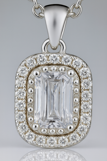 925 Silver Rectangular Halo Pendant Necklace for Women – Classic Sparkling CZ Stone