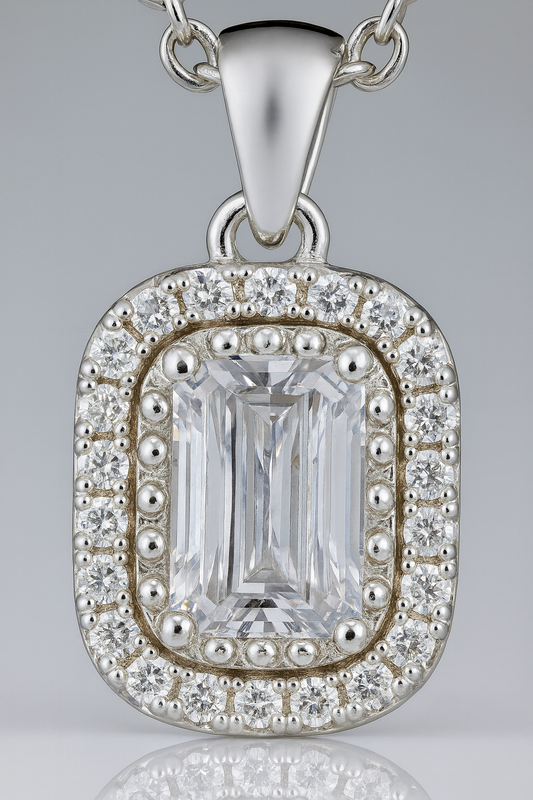 925 Silver Rectangular Halo Pendant Necklace for Women – Classic Sparkling CZ Stone