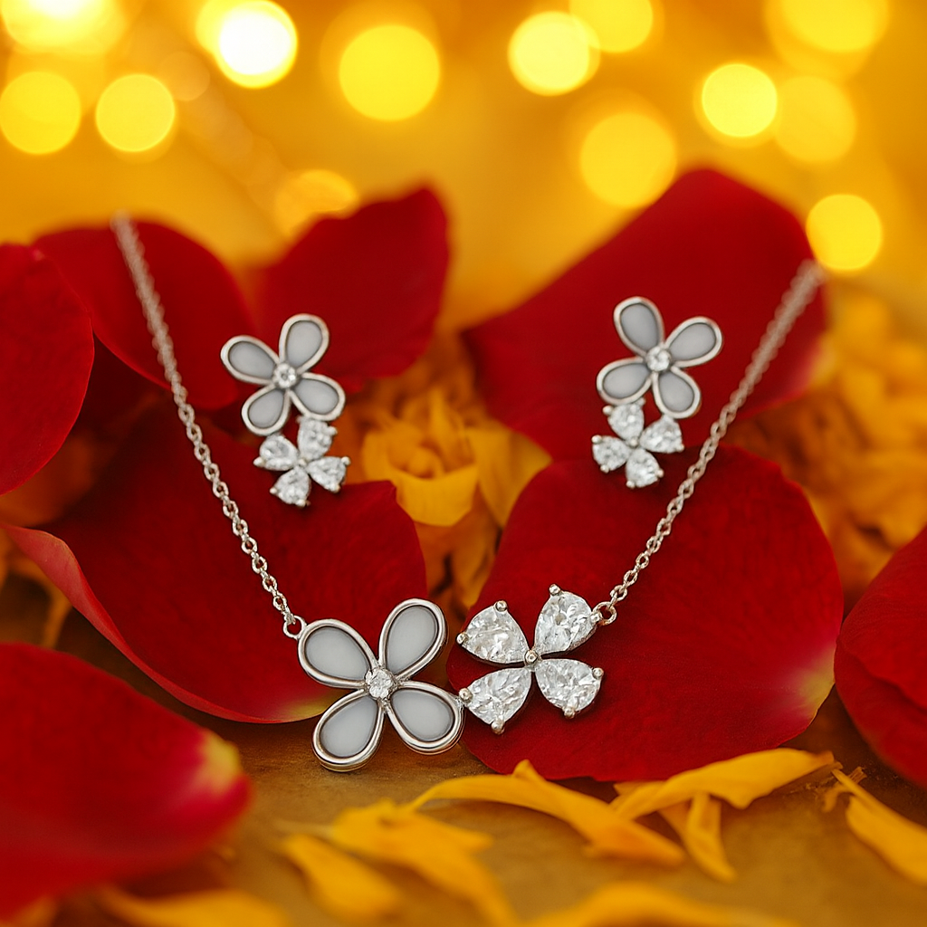 925 Silver Dual Flower Pendant Necklace & Earrings Set for Women – White Enamel & CZ Stone Design