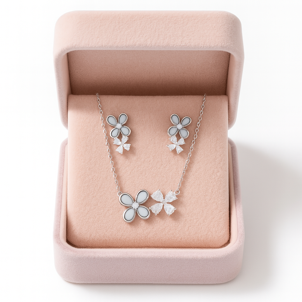 925 Silver Dual Flower Pendant Necklace & Earrings Set for Women – White Enamel & CZ Stone Design