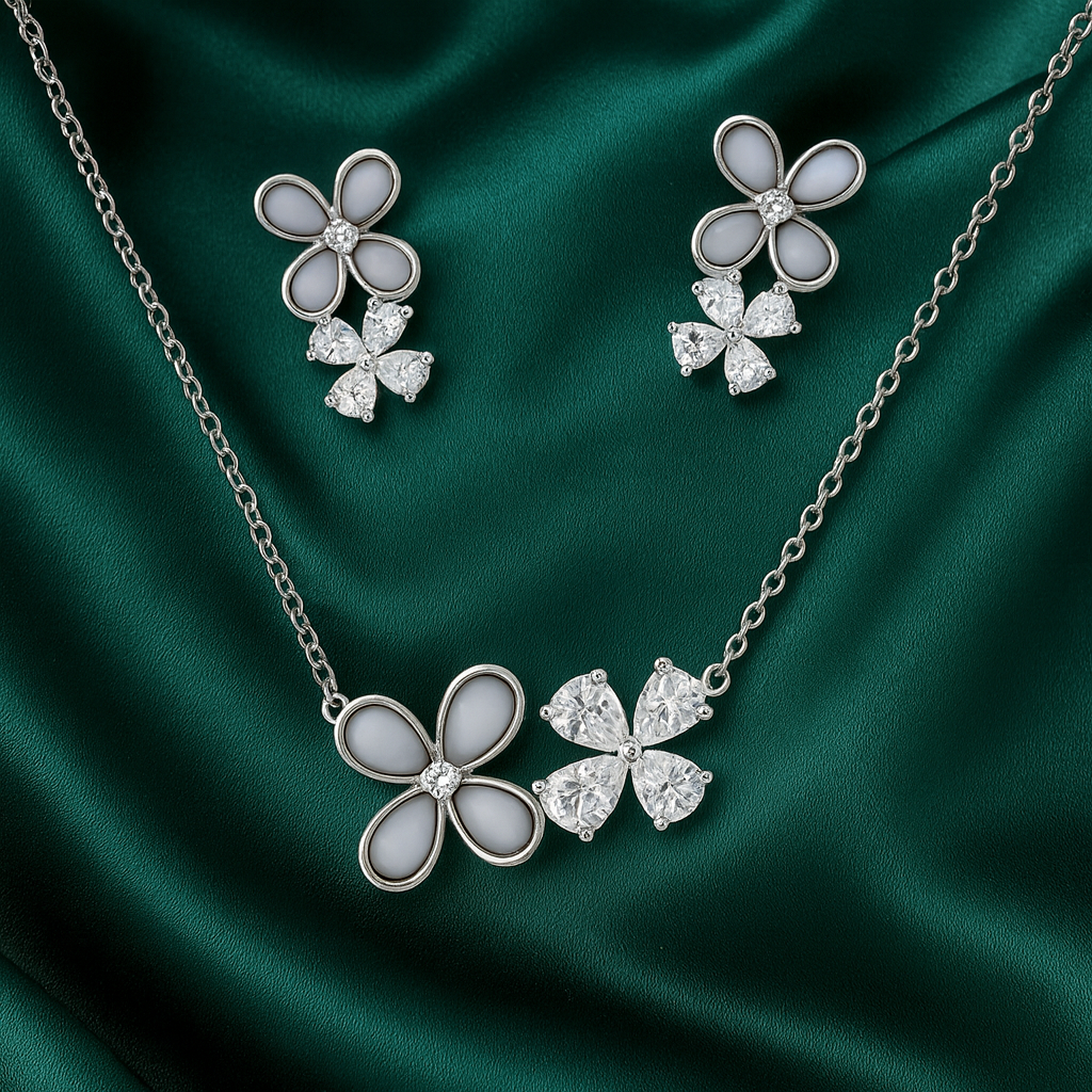 925 Silver Dual Flower Pendant Necklace & Earrings Set for Women – White Enamel & CZ Stone Design