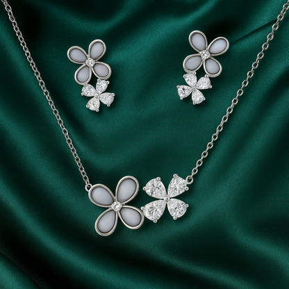 925 Silver Dual Flower Pendant Necklace & Earrings Set for Women – White Enamel & CZ Stone Design
