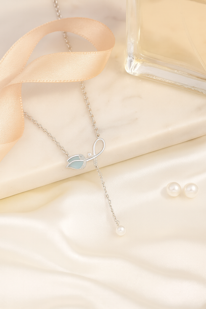 925 Silver Leaf Design Pearl Drop Pendant Necklace for Women – Elegant Enamel & CZ Accent