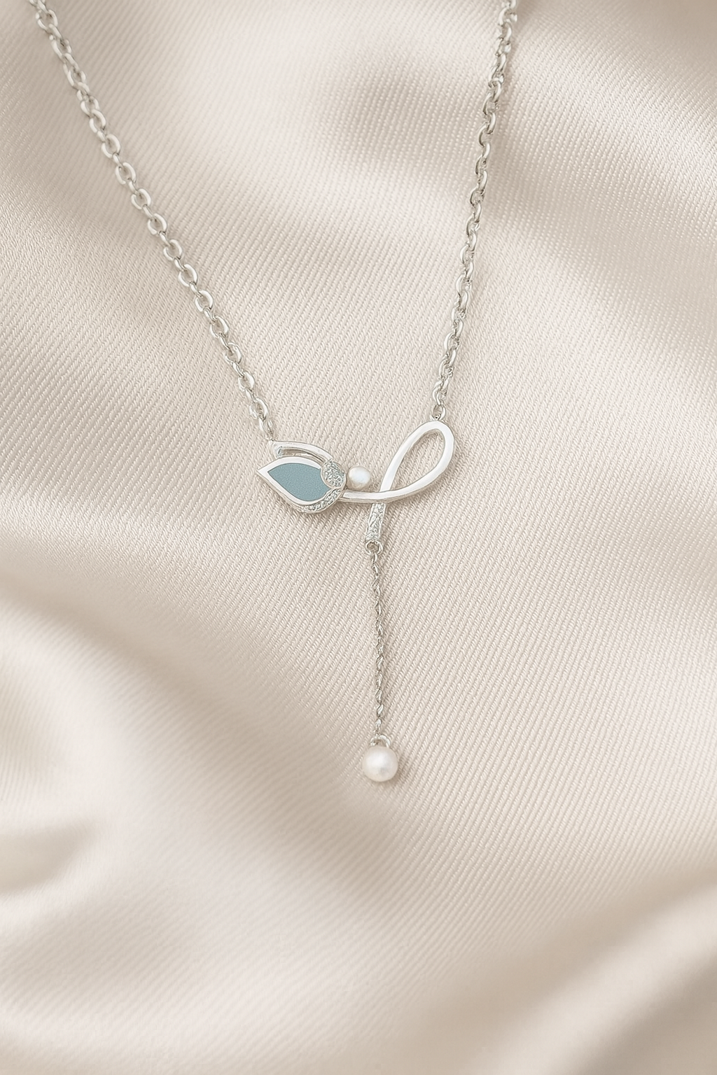 925 Silver Leaf Design Pearl Drop Pendant Necklace for Women – Elegant Enamel & CZ Accent