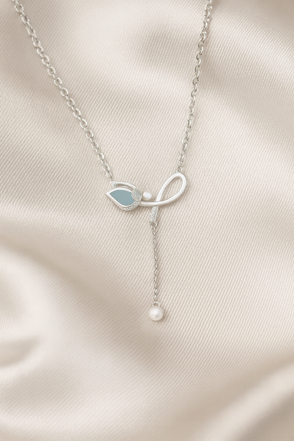 925 Silver Leaf Design Pearl Drop Pendant Necklace for Women – Elegant Enamel & CZ Accent