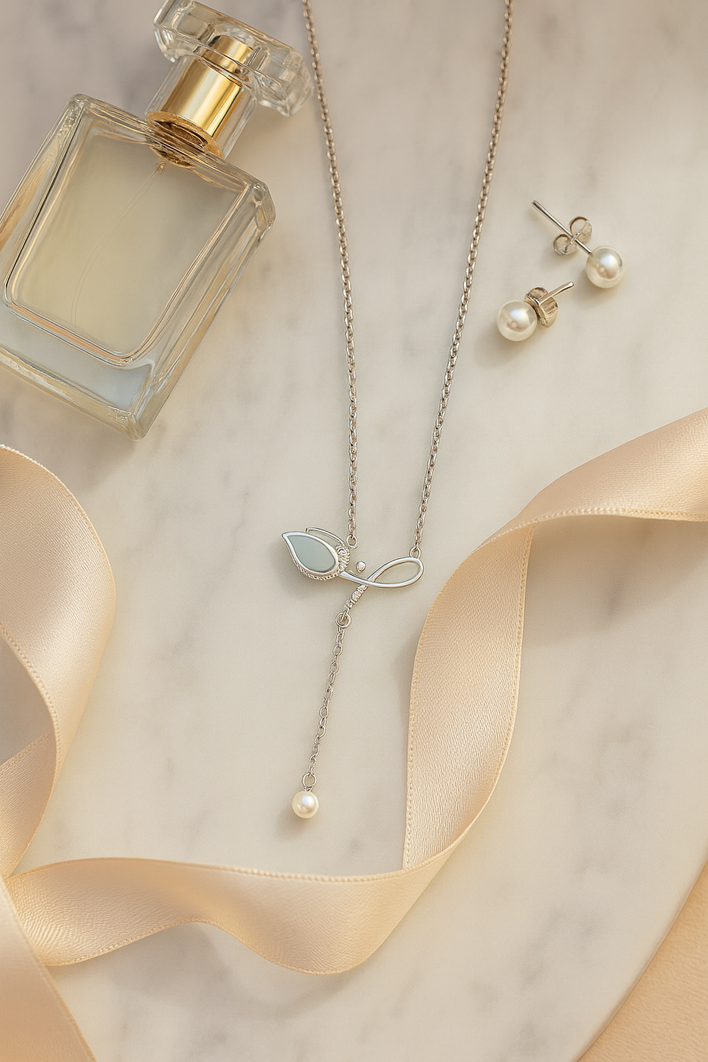 925 Silver Leaf Design Pearl Drop Pendant Necklace for Women – Elegant Enamel & CZ Accent