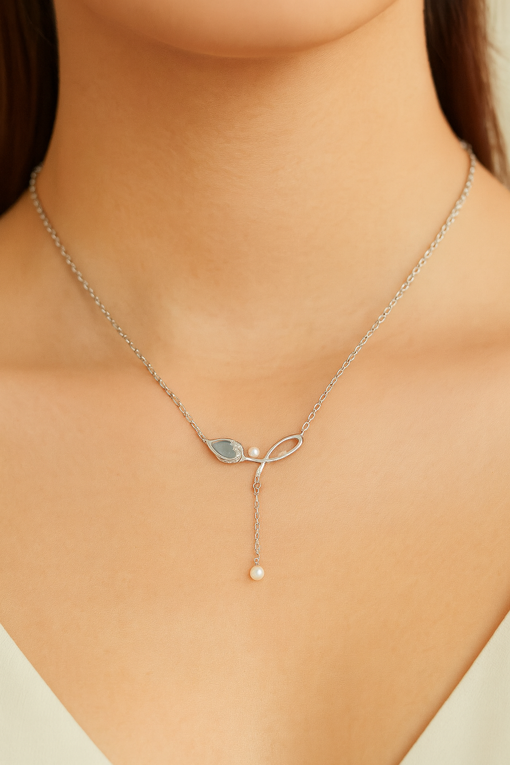 925 Silver Leaf Design Pearl Drop Pendant Necklace for Women – Elegant Enamel & CZ Accent