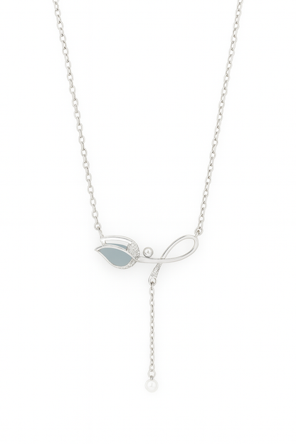 925 Silver Leaf Design Pearl Drop Pendant Necklace for Women – Elegant Enamel & CZ Accent