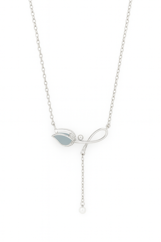 925 Silver Leaf Design Pearl Drop Pendant Necklace for Women – Elegant Enamel & CZ Accent