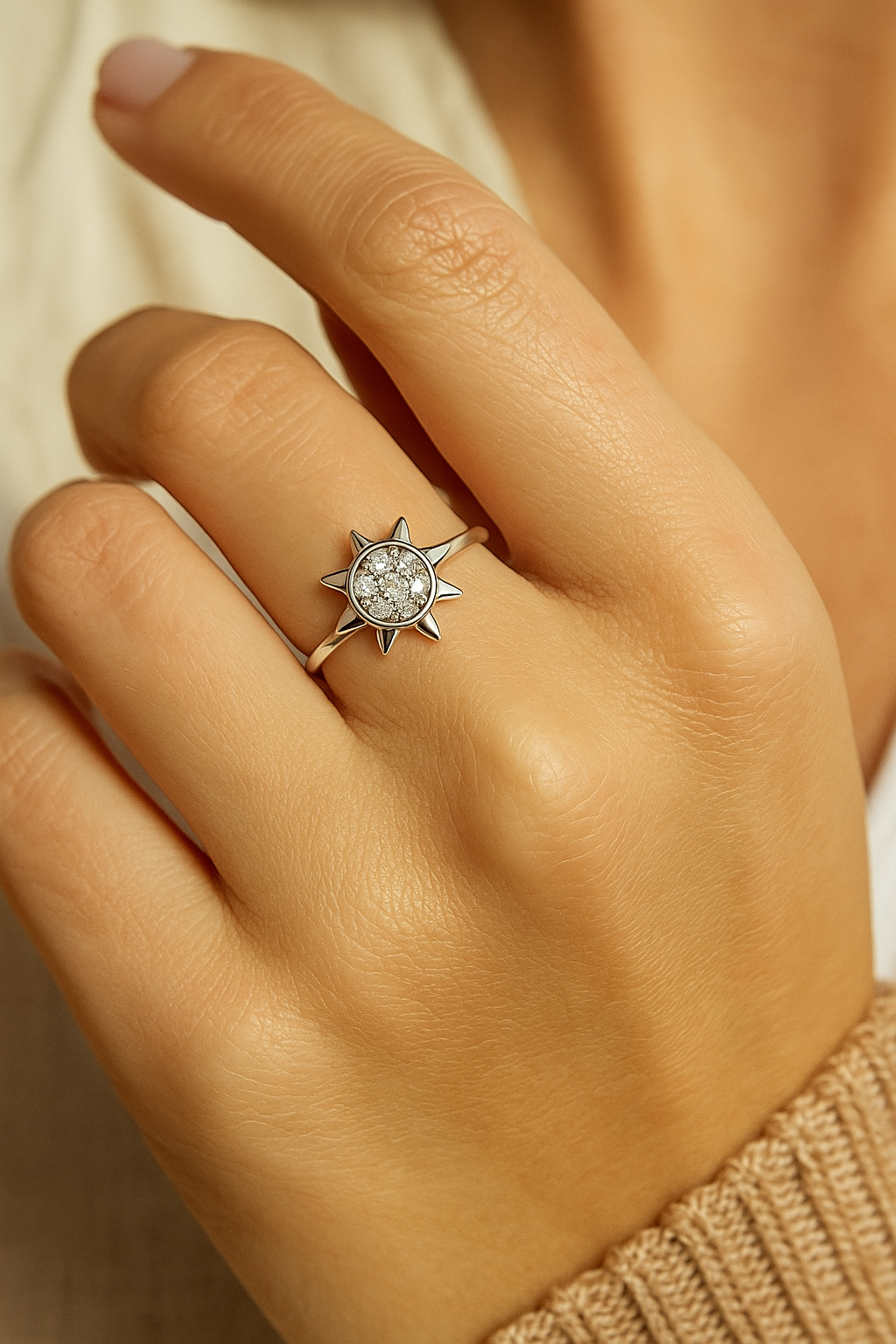 Sunburst Design Zircon Ring for Women 925 Silver Finish Radiant Stylish Daily Wear Finger Ring