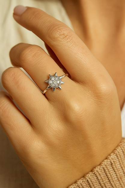 Sunburst Design Zircon Ring for Women 925 Silver Finish Radiant Stylish Daily Wear Finger Ring