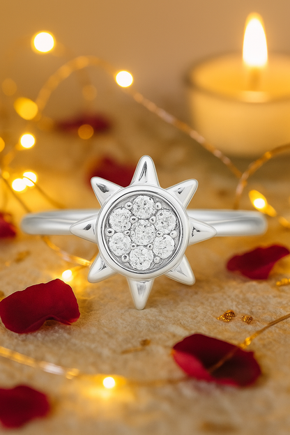 Sunburst Design Zircon Ring for Women 925 Silver Finish Radiant Stylish Daily Wear Finger Ring