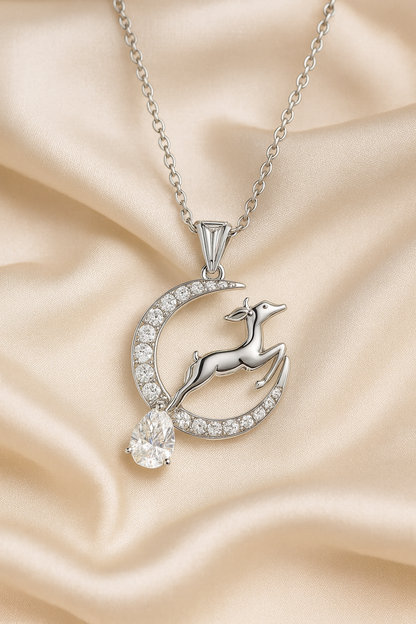 925 Silver Moon & Reindeer Pendant Necklace for Women – Elegant Sparkling CZ with Teardrop Stone