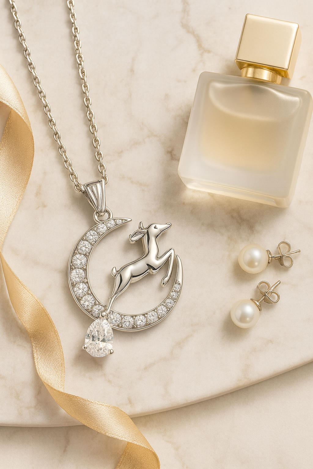 925 Silver Moon & Reindeer Pendant Necklace for Women – Elegant Sparkling CZ with Teardrop Stone