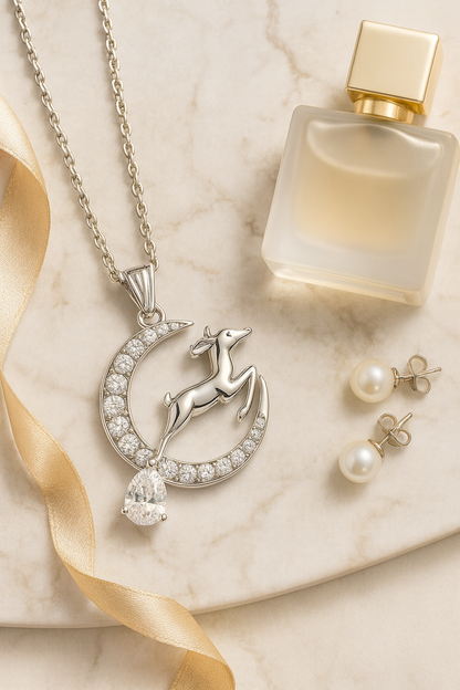 925 Silver Moon & Reindeer Pendant Necklace for Women – Elegant Sparkling CZ with Teardrop Stone