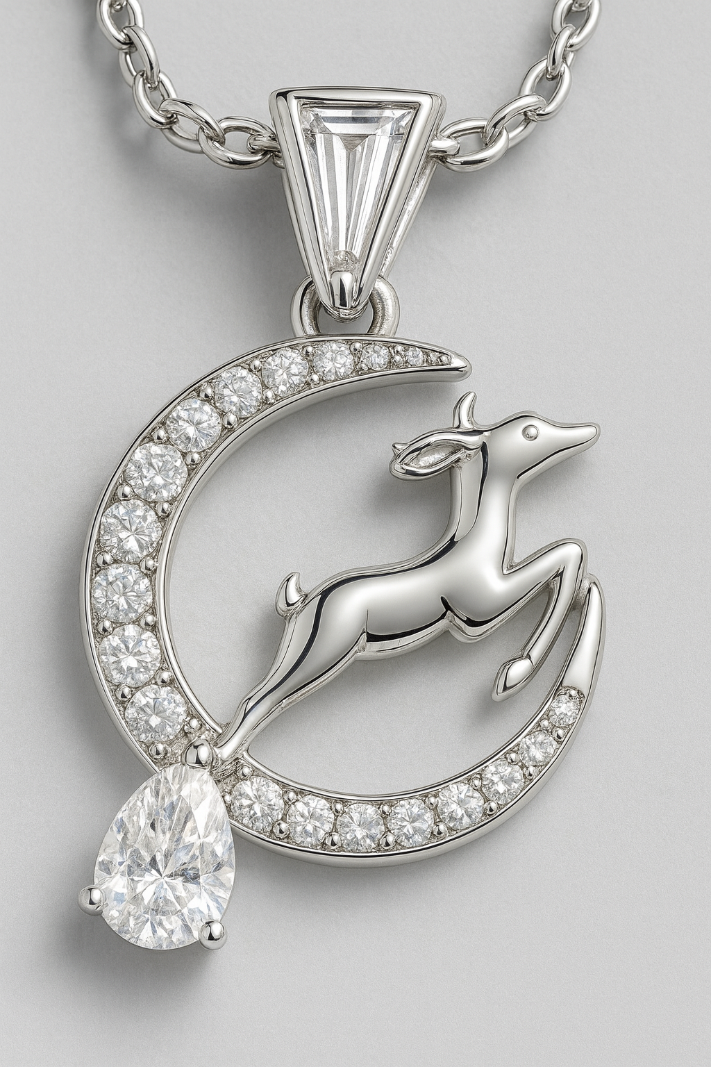 925 Silver Moon & Reindeer Pendant Necklace for Women – Elegant Sparkling CZ with Teardrop Stone