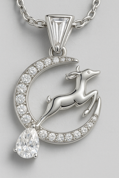925 Silver Moon & Reindeer Pendant Necklace for Women – Elegant Sparkling CZ with Teardrop Stone