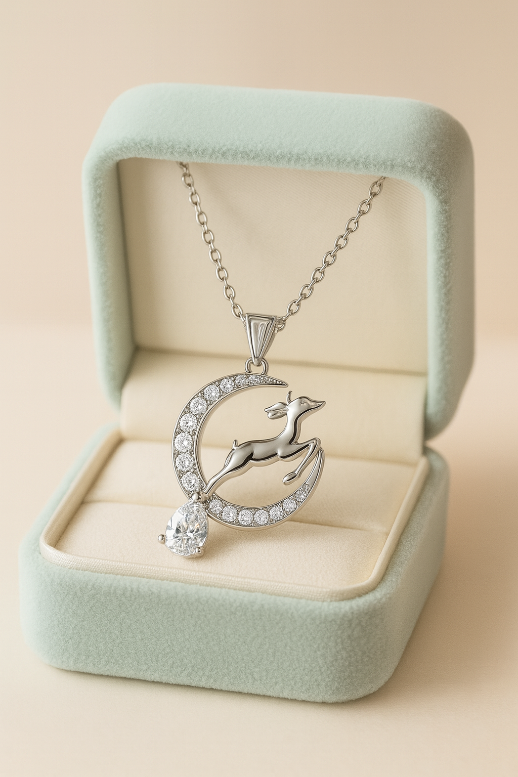 925 Silver Moon & Reindeer Pendant Necklace for Women – Elegant Sparkling CZ with Teardrop Stone