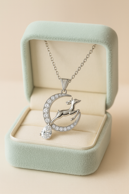 925 Silver Moon & Reindeer Pendant Necklace for Women – Elegant Sparkling CZ with Teardrop Stone