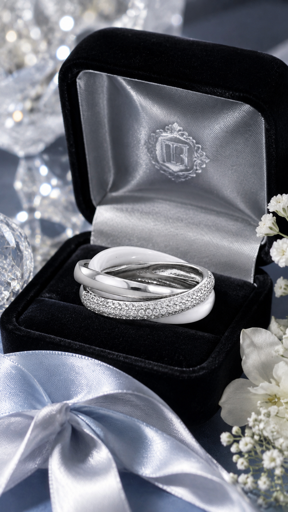 Triple Band White Ceramic Interlocking Ring