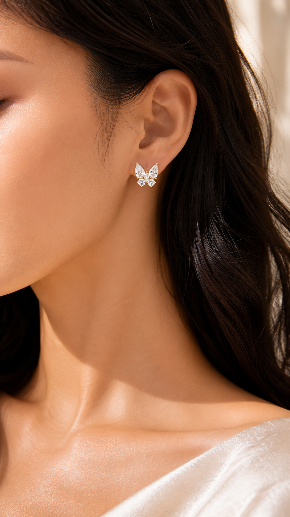 Gold Butterfly Marquise & Round CZ Stud Earrings for Women